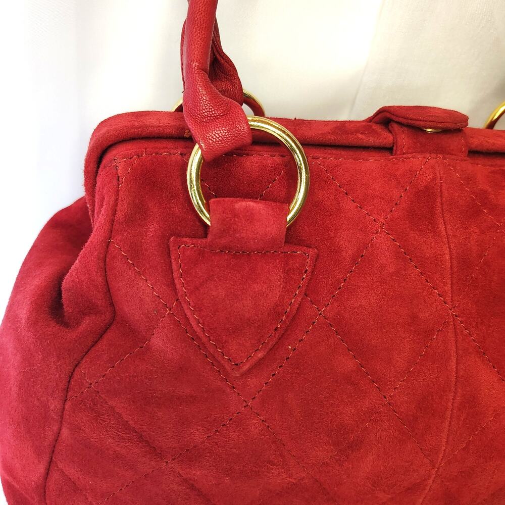 Vintage Red Quilted Suede Leather Satchel Handbag Gold Hardware Top Handle Purse - Picture 4 of 16